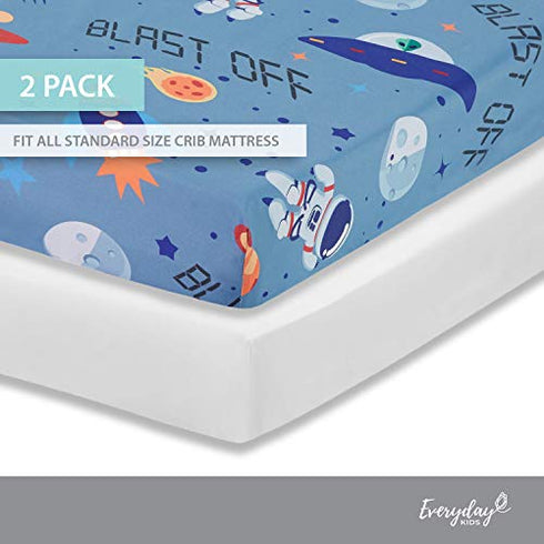 Everyday Kids 2 Pack Fitted Boys Crib Sheet, 100% Soft Breathable Microfiber Baby Sheet, Fits Standard Size Crib Mattress 28in x 52in, Nursery Sheet - Space/White